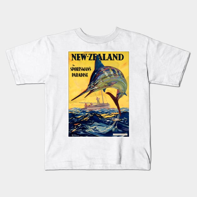 Vintage Travel Poster New Zealand Sportsman paradise Kids T-Shirt by vintagetreasure